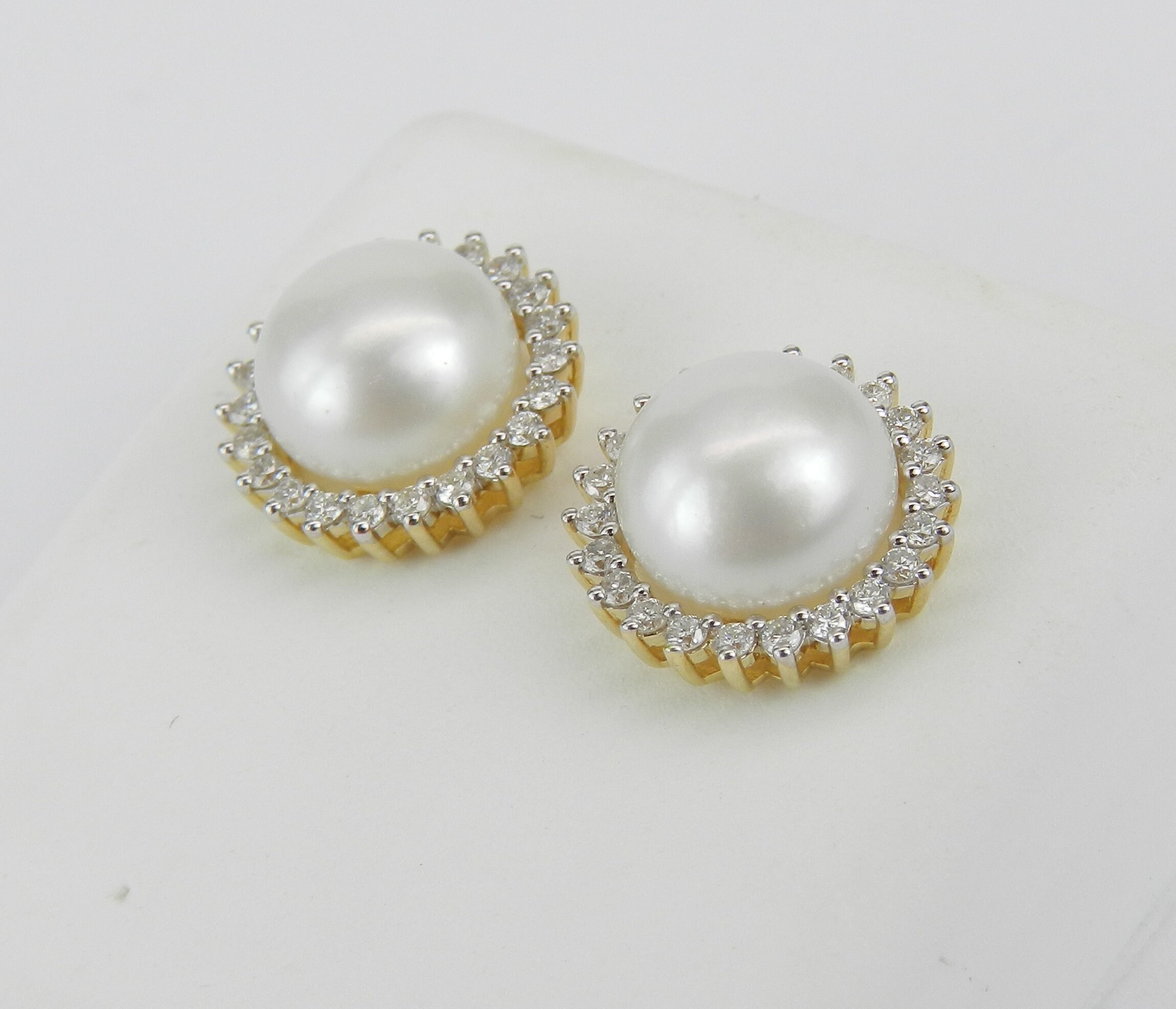 Pearl and Diamond Halo Stud Earrings 14K Yellow Gold June Birthstone ...