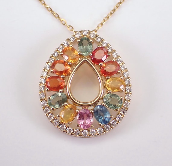 18K Yellow Gold Multi Color Sapphire Necklace - Teardrop Diamond Halo Pendant and Chain - Unique Gemstone Fine Jewelry Gift