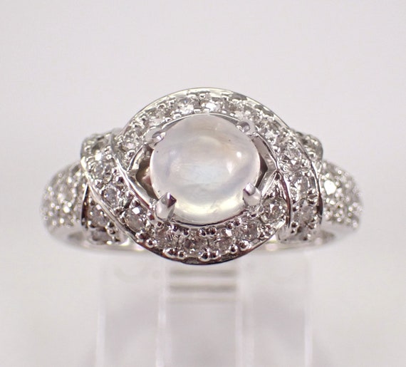 14K White Gold Moonstone Engagement Ring - Dainty Bridal Diamond Setting - GalaxyGems Fine Jewelry Gift