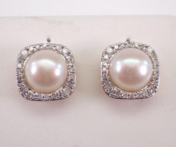 Yellow Gold Pearl Stud Earrings, Square Shape Diamond Halo Setting