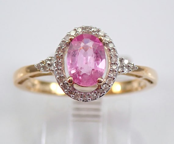 Genuine Pink Sapphire Engagement Ring - Solid Yellow Gold Gemstone and Diamond Fine Jewelry