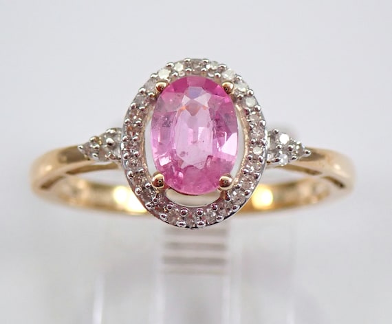 Yellow Gold Pink Sapphire Engagement Ring - Simple Diamond Halo Setting - Gemstone Fine Jewelry Gift