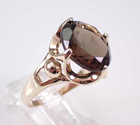 Vintage Smokey Topaz Solitaire Ring - Solid Yellow Gold Solitaire Band - Oval Brown Quartz Gemstone Jewelry Gift