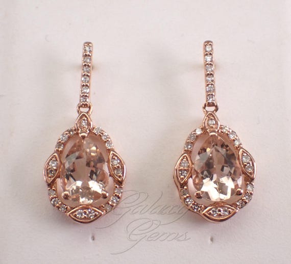 Rose Gold Morganite and Diamond Earrings: Teardrop Dangle Pink Gemstone