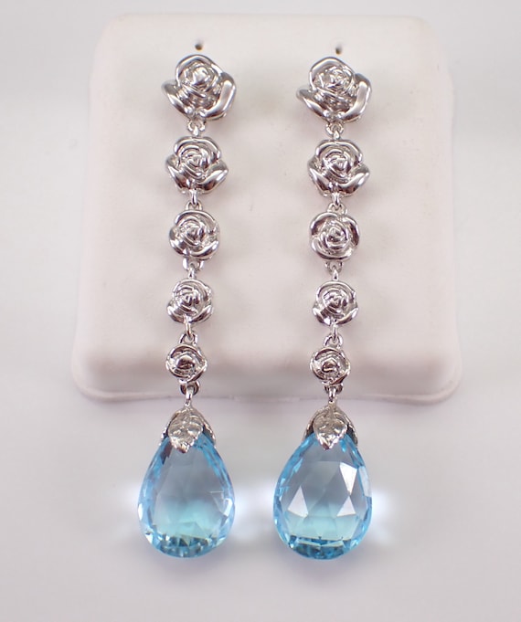 18K White Gold Blue Topaz Briolette Earrings, Unique Flower Dangle Setting, GalaxyGems Gemstone Jewelry Gift