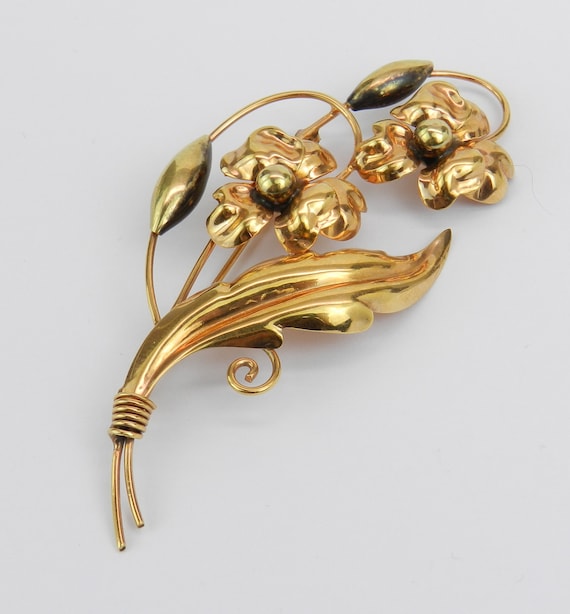 Antique Yellow Gold Flower Brooch, Vintage Estate Signed Pin, Unique Large Fine Jewelry Gift