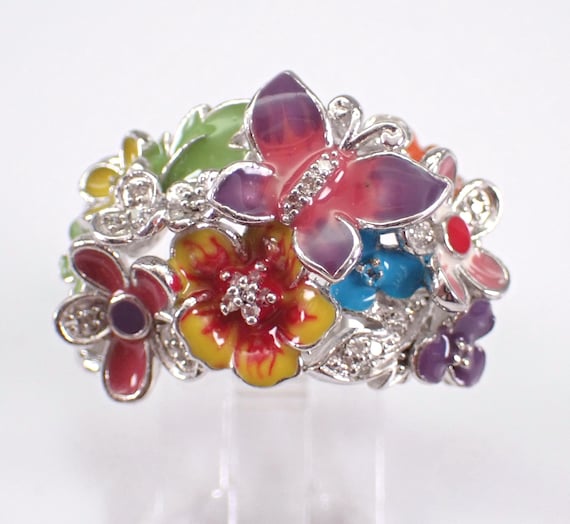 Sterling Silver Enamel Butterfly Ring - Large Diamond Estate Flower Band - Unique Multi Color Jewelry Gift