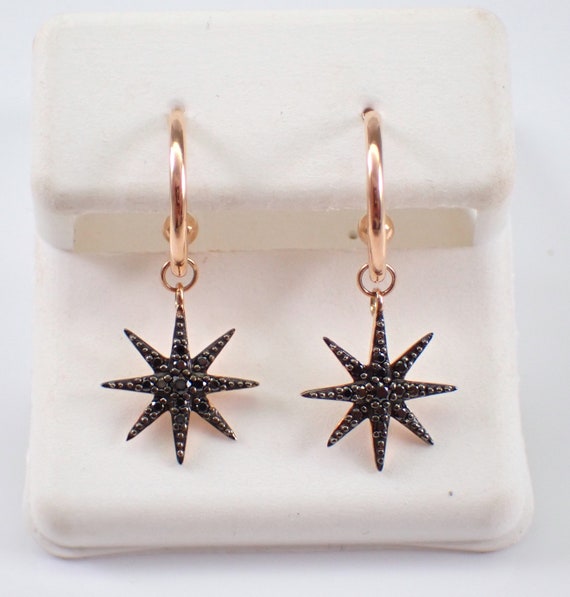 Black Diamond Dangle Charm Earrings - Rose Gold Half Hoop Cluster Drop - Celestial North Star Design Fine Jewelry