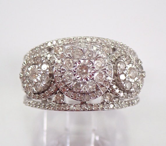 White Gold Diamond Anniversary Ring - Three Stone Halo Cluster Wedding Band - Past Present Future Fine Jewelry Gift