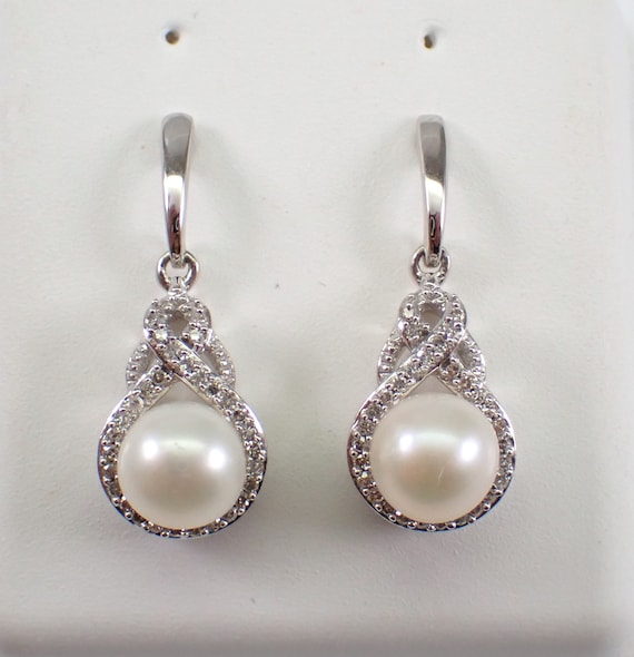 Pearl and Diamond Dangle Earrings - 14K White Gold Fine Jewelry Wedding Gift - June Birthstone Gemstone