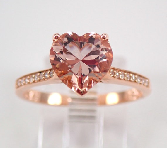 Morganite and Diamond Engagement Ring - Rose Gold Tall Heart Shape Setting - Unique Dainty Bridal Jewelry Gift
