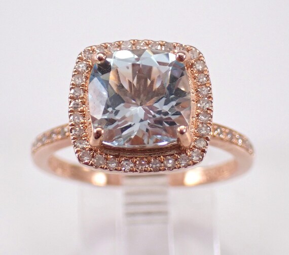 14K Rose Gold Aquamarine Engagement Ring, Diamond Halo Bridal Setting, March Birthstone Aqua Jewelry Gift
