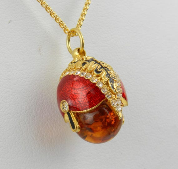 Red Enamel and Amber Charm Necklace - 18K Yellow Gold over Sterling Silver Pendant and Chain - Swarovski Crystal Faberge Style Egg