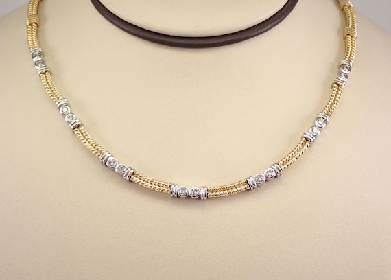 Vintage 14K Yellow Gold Diamond Necklace - Estate Two Tone Tennis Choker