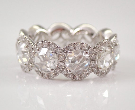 18K White Gold Diamond Eternity Wedding Ring - Rose Cut Halo Anniversary Band - One of a Kind Bridal Fine Jewelry Gift