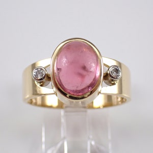 Retro Pink Tourmaline and Diamond Ring - 18K Yellow Gold Vintage Three Stone Engagement Band - 60s Bezel Set Gemstone Jewelry Gift