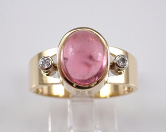 Retro Pink Tourmaline and Diamond Ring - 18K Yellow Gold Vintage Three Stone Engagement Band - 60s Bezel Set Gemstone Jewelry Gift
