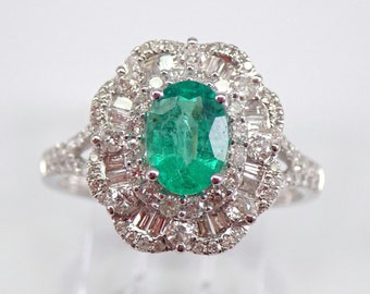 Emerald Ring 14K White Gold Diamond Halo Engagement Ring May Birthstone Jewelry for Her Size 7