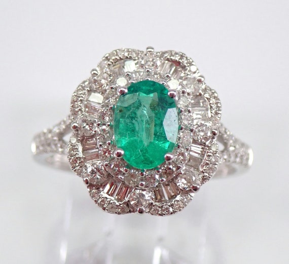 Emerald Ring 14K White Gold Diamond Halo Engagement Ring May Birthstone Jewelry for Her Size 7