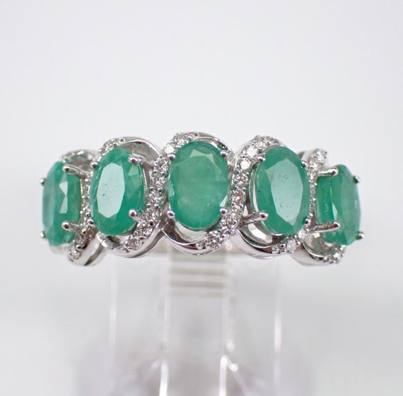 14K White Gold Emerald Wedding Ring - Diamond Halo Anniversary Band - GalaxyGems Bridal Fine Jewelry Gift