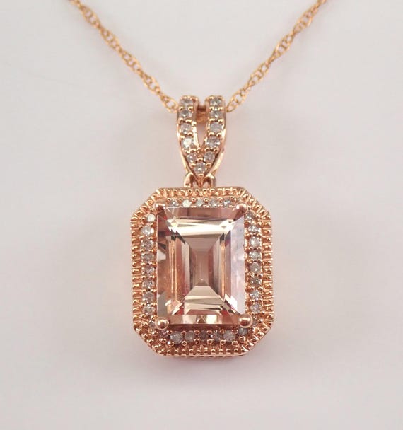 Morganite and Diamond Halo Pendant and Chain - Solid Rose Gold Gemstone Charm Necklace - Dainty Bridal Fine Jewelry Gift