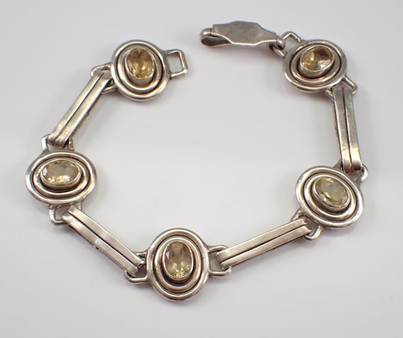 Vintage Citrine Bracelet, Unique Sterling Silver Bracelet, Bezel Set Gemstone Jewelry for Women