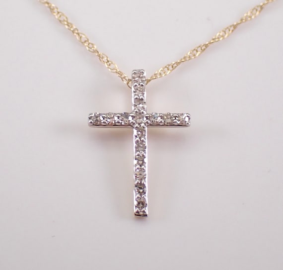 14K Yellow Gold Diamond Cross Pendant - Dainty Little Charm Necklace and Chain - Small Religious Jewelry Drop Gift