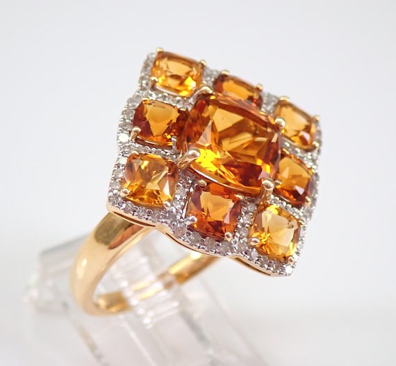 Citrine and Diamond Cocktail Ring - 14K Yellow Gold Cluster Right Hand Band - November Birthstone Fine Jewelry Gift