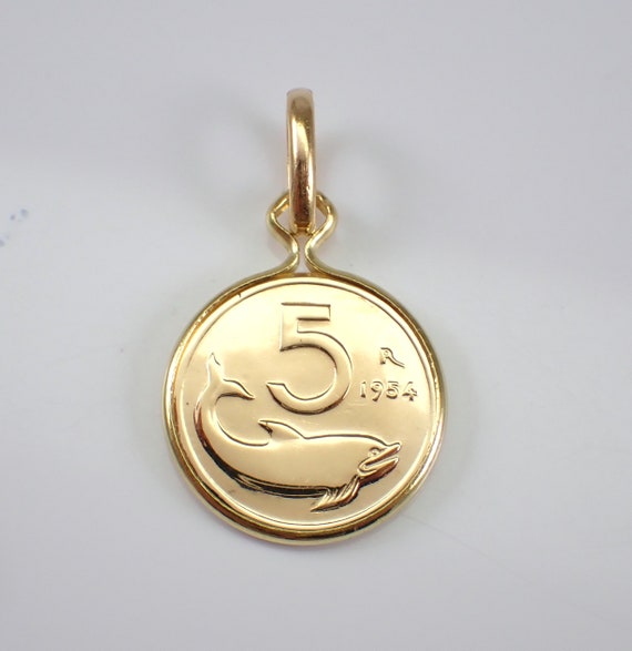 Vintage 18K Yellow Gold Coin Charm Pendant, Estate Italian Lira for Necklace or Bracelet - Whale Orca Fish Nautical Jewelry