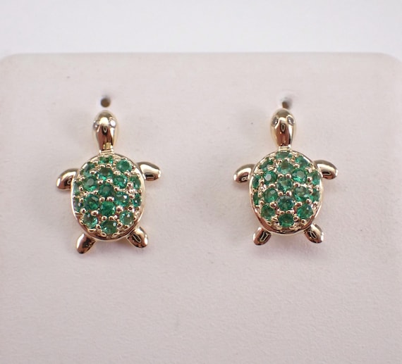 Yellow Gold Emerald Turtle Earrings - Tortoise Gemstone Screwback Studs - Small Dainty Birthday Fine Jewelry Gift