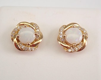 Opal and Diamond Stud Earrings, Solid Yellow Gold Dainty Studs