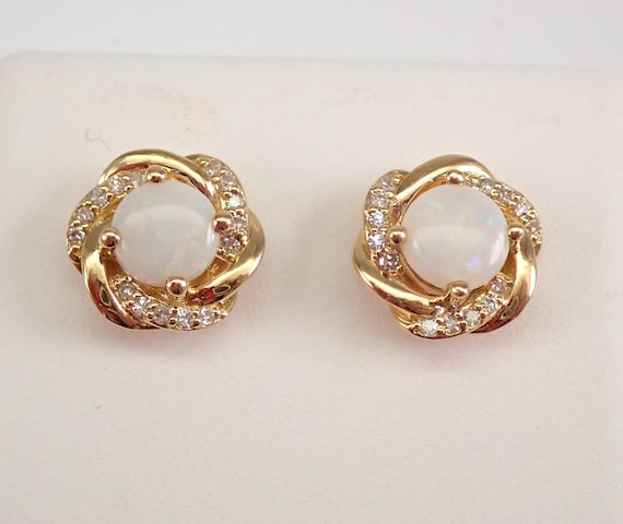 Opal and Diamond Stud Earrings, Solid Yellow Gold Dainty Studs