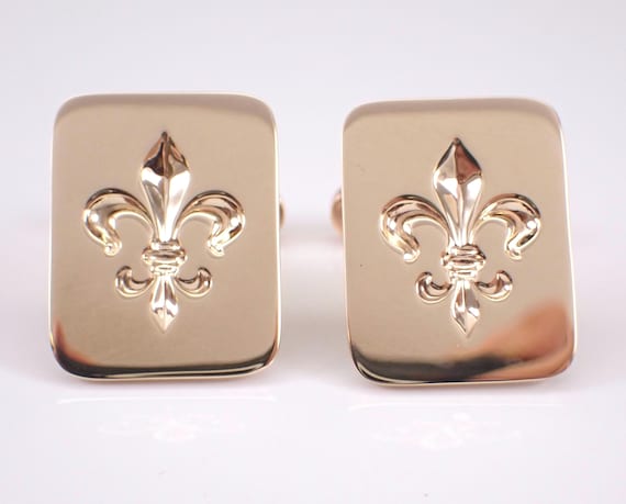 Vintage 14K Yellow Gold Cufflinks - Estate Fleur de Lis Engraved Cuff Links - Unique Bridal Jewelry Groom Gift