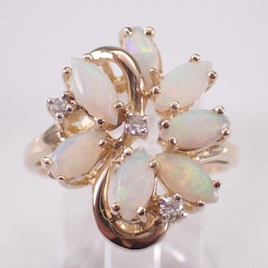 Vintage 14K Yellow Gold Opal Cluster Ring: Estate Diamond and Gemstone Gift