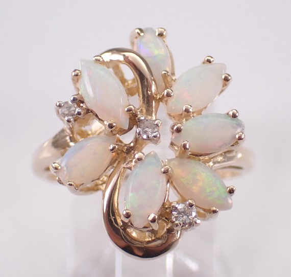 Vintage 14K Yellow Gold Opal Cluster Ring: Estate Diamond and Gemstone Gift