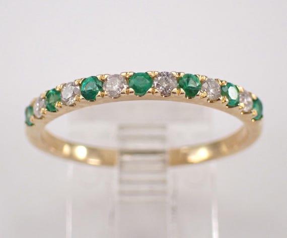 Emerald and Diamond Wedding Ring - Yellow Gold Stackable Anniversary Band - Gemstone Bridal Fine Jewelry Gift