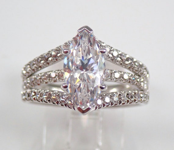 Genuine Diamond Engagement Ring Setting, 14K White Gold Semi Mount Mounting, Marquise Shape Moissanite Bridal Jewelry