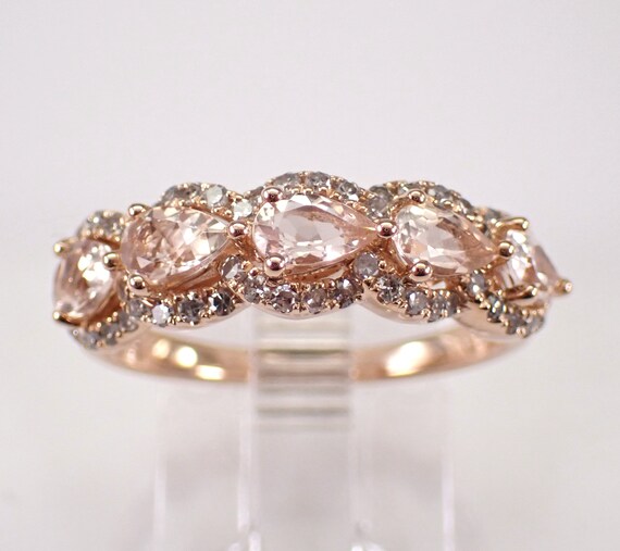14K Rose Gold Morganite Wedding Ring - Diamond and Gemstone Anniversary Band - Stackable Bridal Fine Jewelry Gift