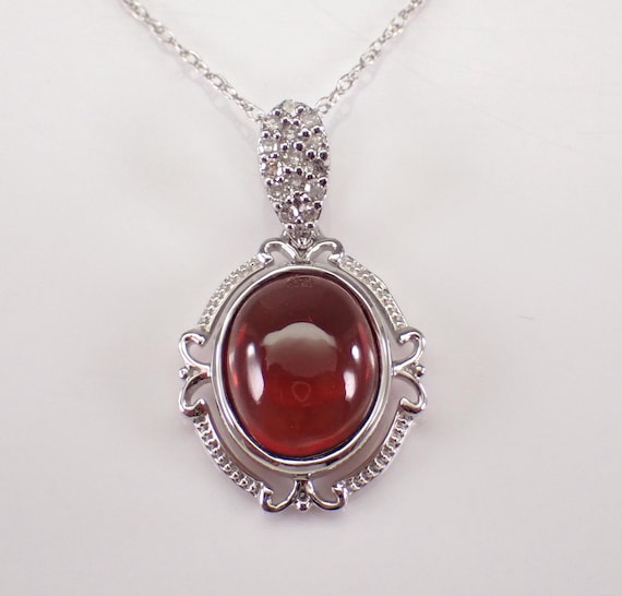 Garnet and Diamond Halo Pendant and Chain: White Gold Gemstone Charm Necklace - January Birthstone Fine Jewelry Gift
