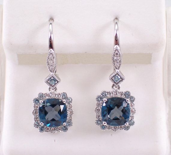 14K White Gold Blue Topaz and Diamond Earrings - Square Cushion Cut Halo Dangle Drops - Unique Gemstone Fine Jewelry Gift