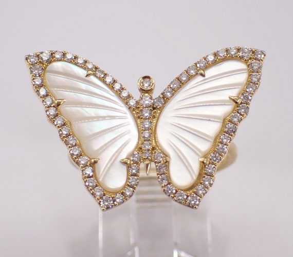 Mother of Pearl and Diamond Butterfly Ring - 18k Yellow Gold Fine Jewelry Gift - Unique Carved Wing Gemstone