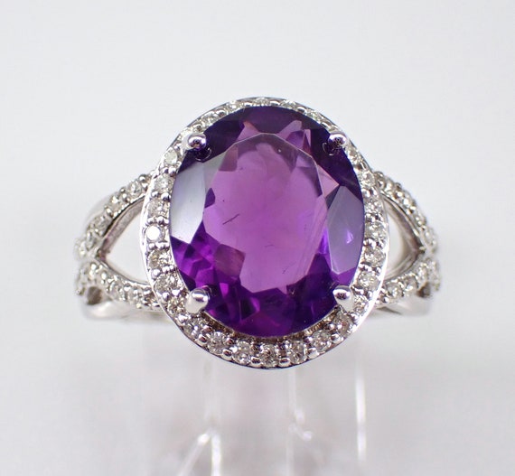 Large Amethyst and Diamond Ring - Genuine Halo Engagement Setting - 14K White Gold February Gemstone Jewelry Gift