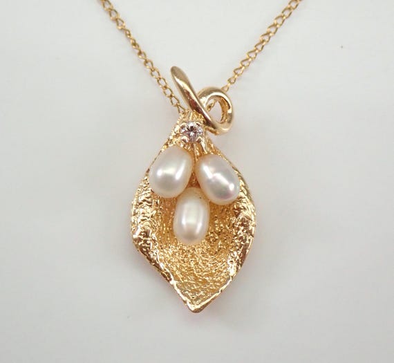 Vintage Pearl and Diamond Necklace - 14K Yellow Gold Dainty Charm Pendant and Chain -  Antique Gemstone Jewelry Gift