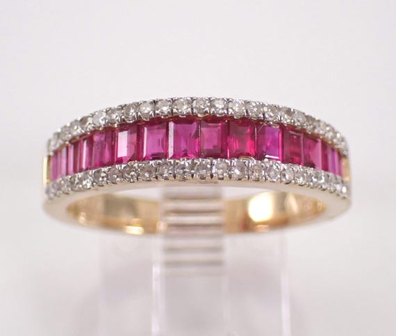 Baguette Ruby and Diamond Wedding Ring - 14K Yellow Gold Gemstone Anniversary Band - July Birthstone Fine Jewelry Gift