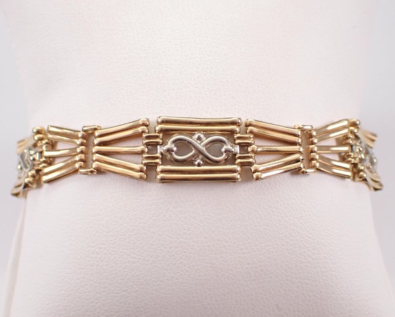 Vintage 14K Yellow Gold Infinity Bracelet - Unique Estate Two Tone Station Charm Link