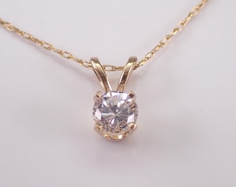 14K Yellow Gold Solitaire Charm Necklace: Dainty Estate CZ Pendant Chain