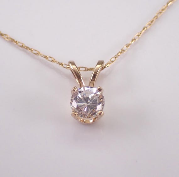 14K Yellow Gold Solitaire Charm Necklace: Dainty Estate CZ Pendant Chain