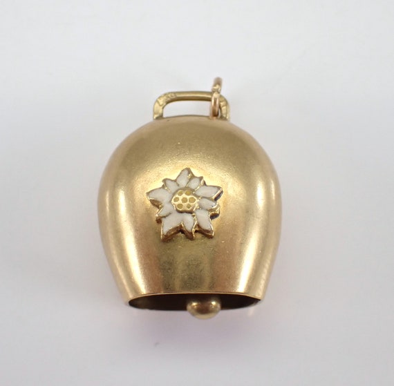 Vintage Cow Bell Charm Pendant, 18K Yellow Gold Estate Dangle Drop, Enamel Flower Motif Jewelry Gift