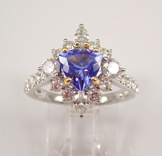 18K White Gold Tanzanite Engagement Ring - Bridal Diamond Halo Setting, Trillion Purple Gemstone Birthstone Jewelry Gift