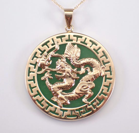 14K Yellow Gold Jade Dragon Necklace, Large Asian Disk Emblem Charm Pendant and Chain, Good Luck Protection Jewelry Gift